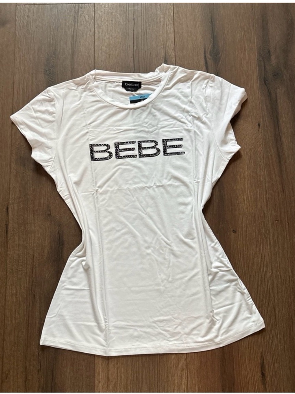 bebe White Tee with Black Studded Logo